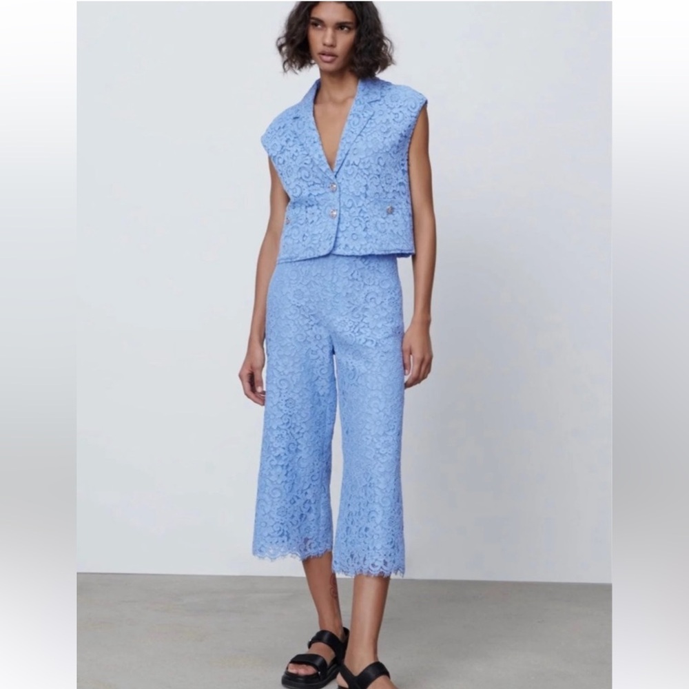 NEW ZARA LIGHT BLUE LACE PANTS AND VEST 2 PC SET, XS